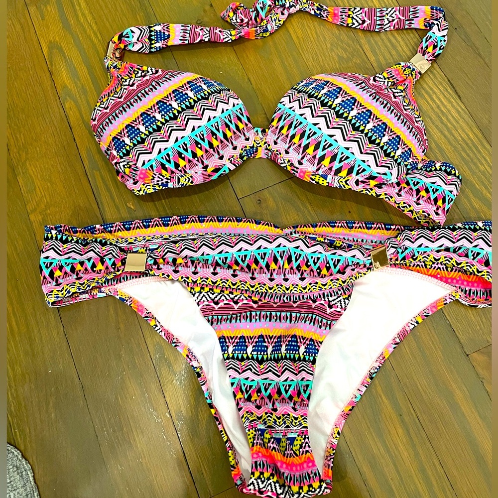 Victoria Secret pink Aztec print hottie cheeky bikini S / push up halter top 34B